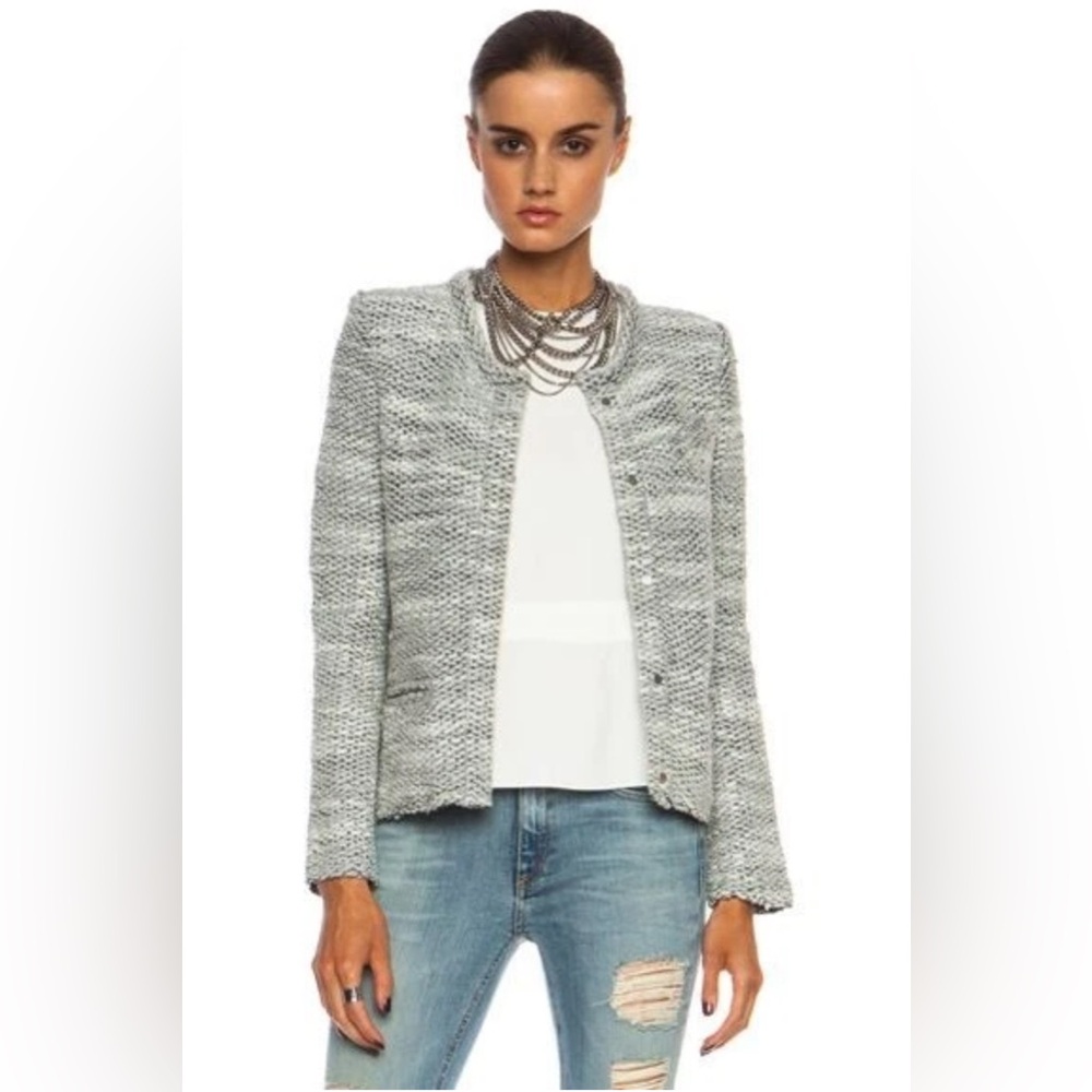 IRO Carene Knotted Boucle Knit Gray Wool Blend Snap Button Jacket Sz FR 40/US 8